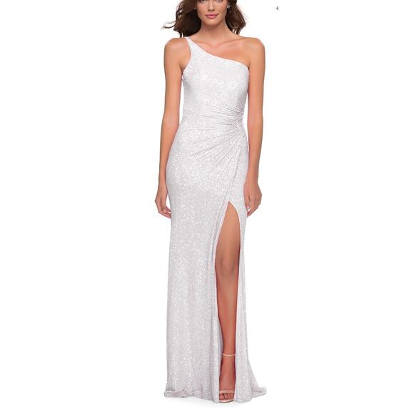 La Femme One-Shoulder Long Sequin Prom Dress 29962 in White Size 10. NWOT - Picture 1 of 10